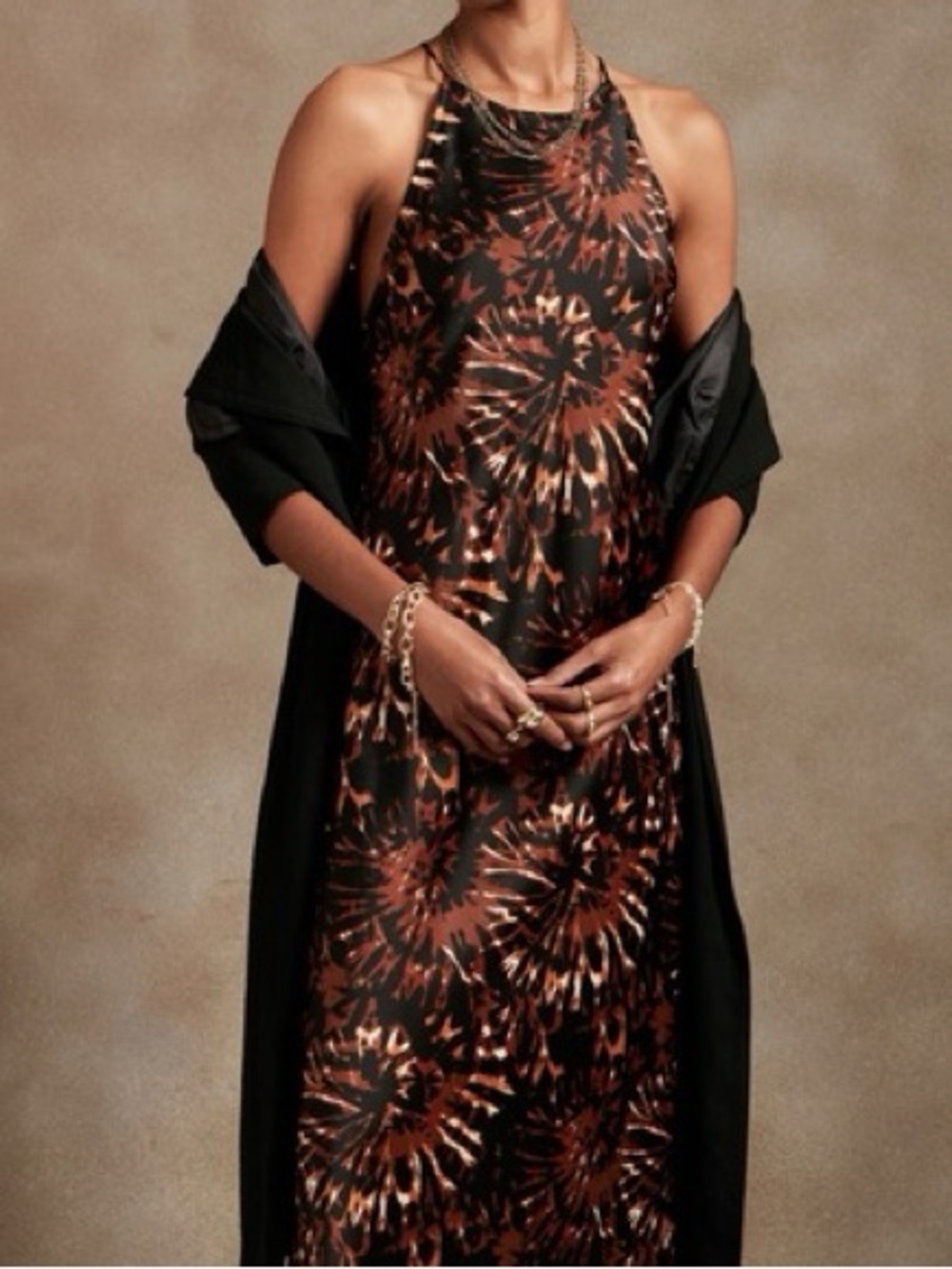 Banana Republic Black and Brown Tie-Dye Slip Maxi Dress